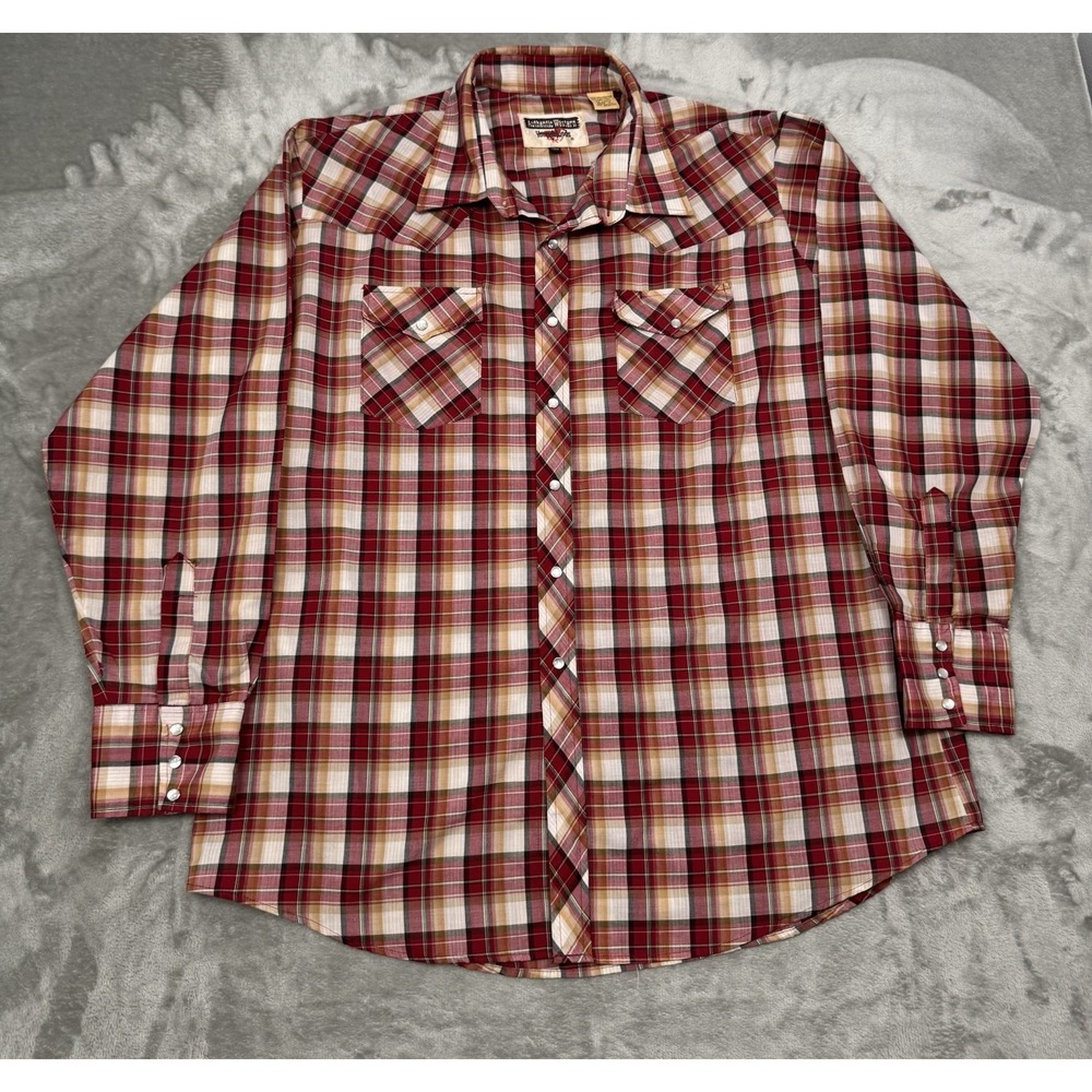 Vintage Pearl Snap Shirt Mens 2XL XXL Red Plaid Long Sleeve Western Cowboy 90s